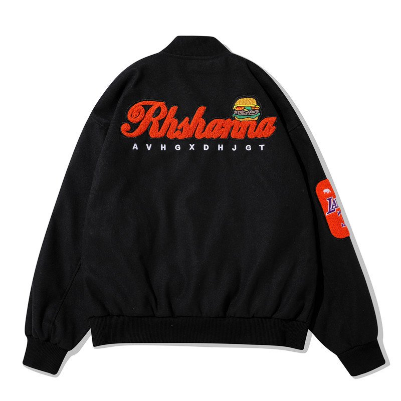 画像3: embroidered burger Stajan baseball uniform jacket blouson ユニセッ クス男女兼用 ハンバーガー刺繡ロゴ スタジャン ジャンパー ジャケット ブルゾン (3)