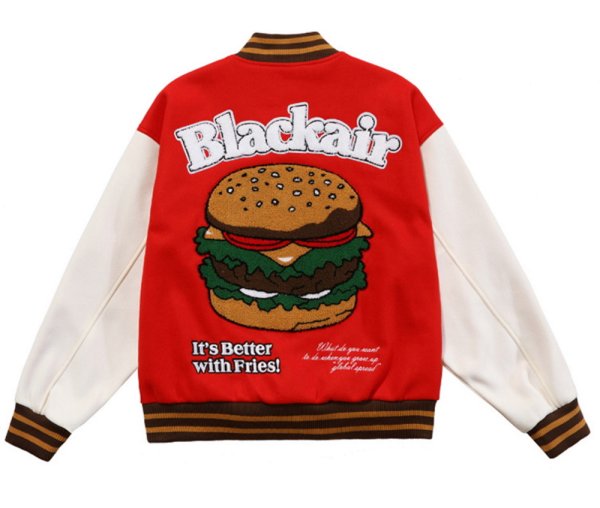 画像1: towel embroidered burger  Stajan baseball uniform jacket blouson ユニセッ クス男女兼用レトロ ハンバーガー刺繡 スタジャン ジャンパー ジャケット ブルゾン (1)