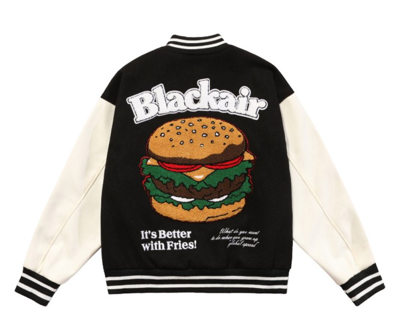 画像2: towel embroidered burger  Stajan baseball uniform jacket blouson ユニセッ クス男女兼用レトロ ハンバーガー刺繡 スタジャン ジャンパー ジャケット ブルゾン (2)