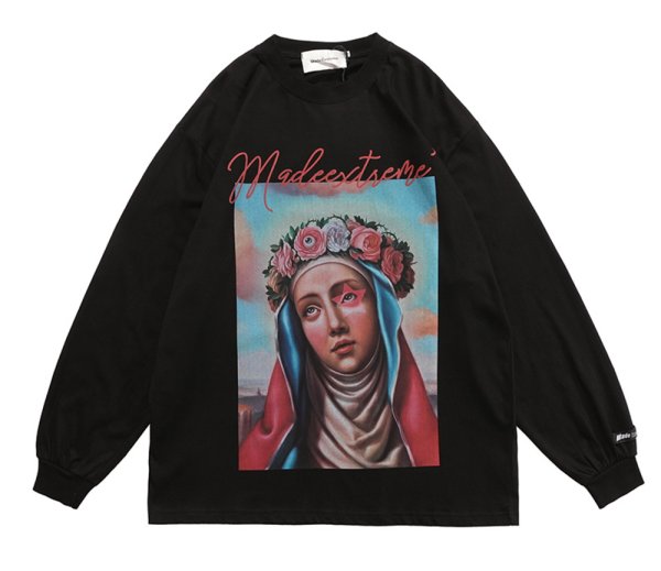 画像1: unisex MADEEXTREME retro portrait letter printing loose long-sleeved t-shirt　男女兼用 ユニセックス レトロフォトプリント長袖Tシャツ (1)