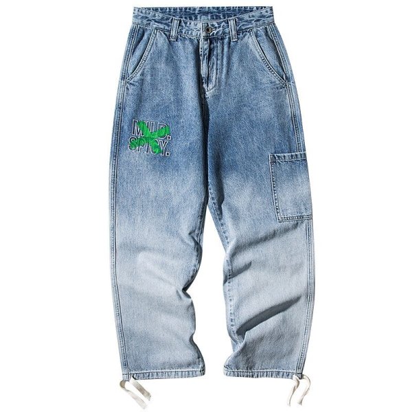 画像1: Unisex men 'Gradient hanging die embroidery straight leg jeans  pants  ユニセックス男女兼用 グラデーションデニム パンツ ジーンズ (1)