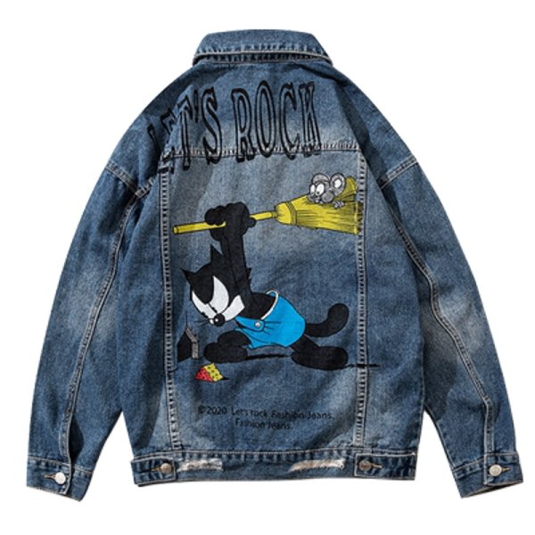 画像1: Felix the cat Print Denim G Jean Jacket　ユニセッ クス男女兼用 フィリックス・ザ・キャットペイントデニムGジャン ジャケット (1)