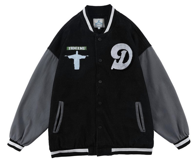 画像4: embroidered PU leather sleeve denim Stajan baseball uniform jacket blouson ユニセッ クス男女兼用レザースリーブデニム スタジャン ジャンパー ジャケット ブルゾン (4)