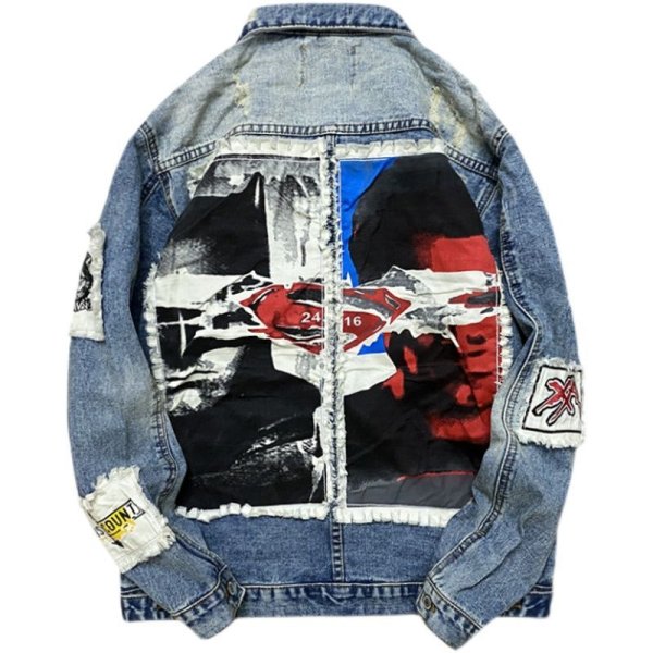 画像1: retro printed patch Denim Jacket G Jean  ユニセッ クス男女兼用トロプリントパッチワークデニムGジャン ジャケット (1)