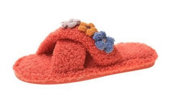 画像1: Cute indoor home floor slippers flat bottom sandals  　フラワーモチーフ付きモコモコサンダル スリッパ (1)