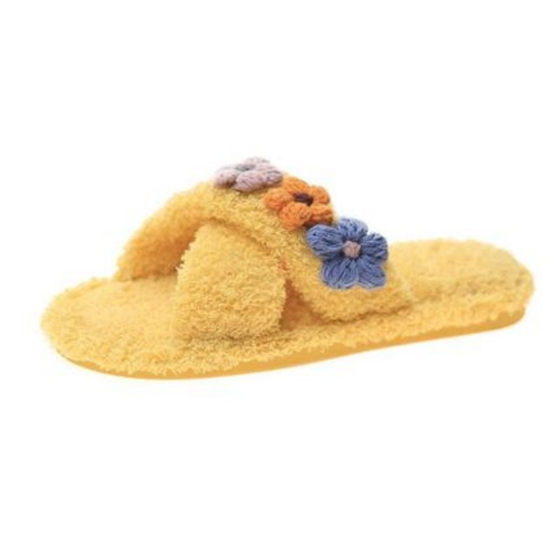 画像5: Cute indoor home floor slippers flat bottom sandals  　フラワーモチーフ付きモコモコサンダル スリッパ (5)