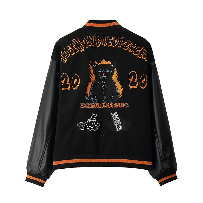 画像2: vibe style black cat letter embroidery contrast stitch PU leather baseball uniform Stajan baseball uniform jacket blouson ユニセッ クス男女兼用ブラックキャットレター刺繍スタジャン ジャンパー  ジャケット ブルゾン (2)