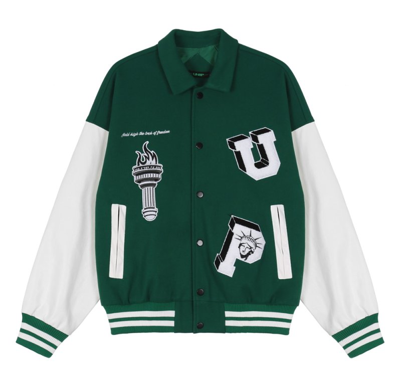 画像2: Statue of Liberty & Torch Embroidery baseball uniform Stajan baseball uniform jacket blouson ユニセッ クス男女兼用自由の女神&トーチ刺繡 スタジャン ジャンパー  ジャケット ブルゾン (2)