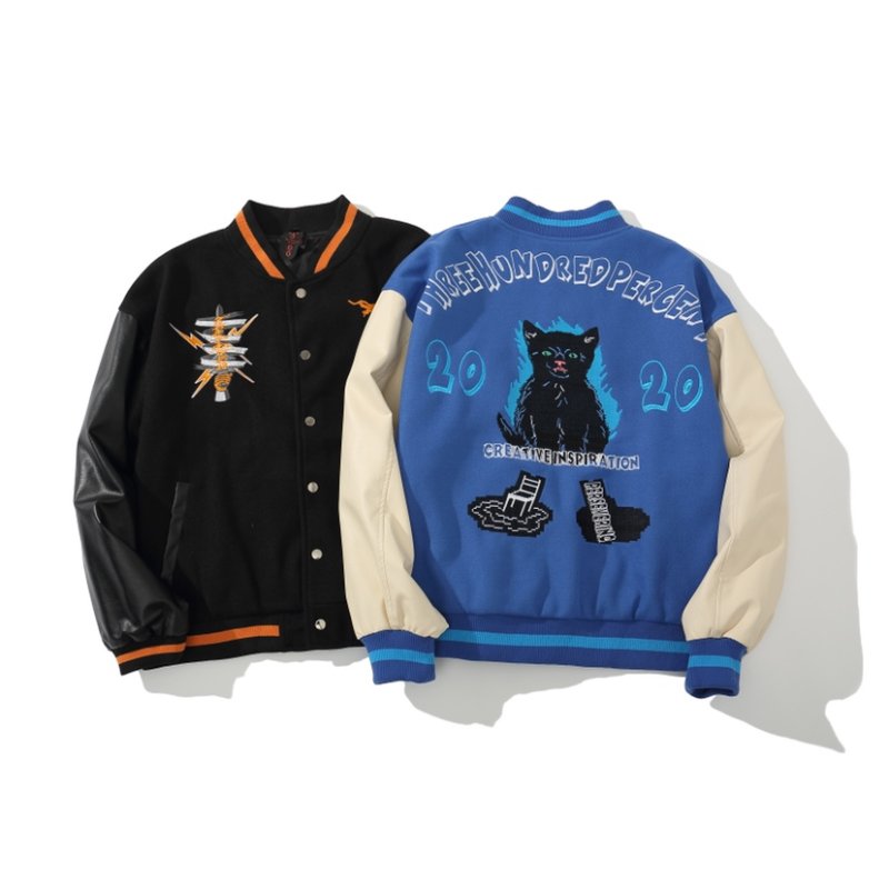 画像7: vibe style black cat letter embroidery contrast stitch PU leather baseball uniform Stajan baseball uniform jacket blouson ユニセッ クス男女兼用ブラックキャットレター刺繍スタジャン ジャンパー  ジャケット ブルゾン (7)