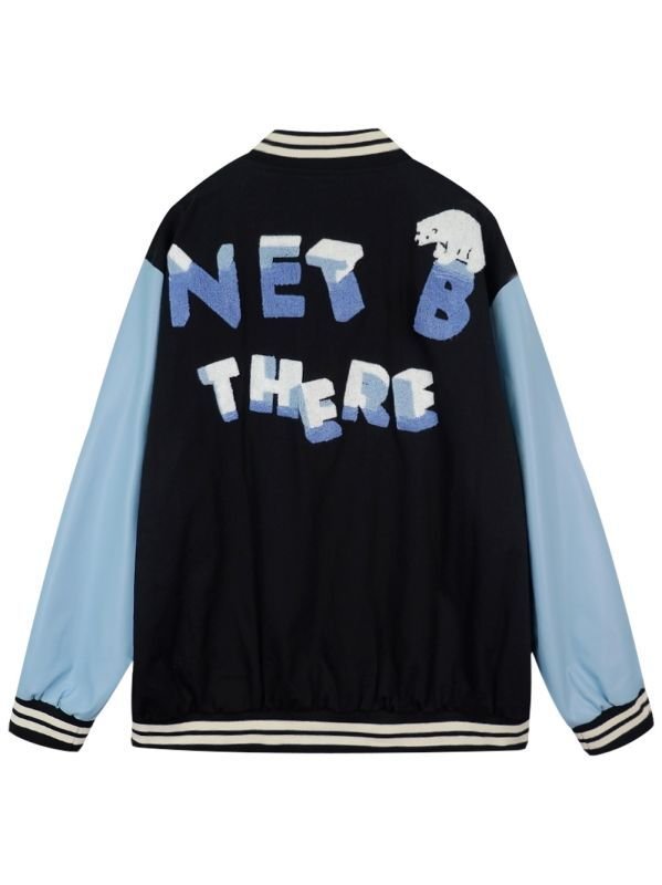 画像3: Polar bear & letter logo embroidery Baseball Jacket blouson  ユニセッ クス男女兼用シロクマ&レターロゴ刺繍スタジャン ジャンパー  ジャケット ブルゾン (3)