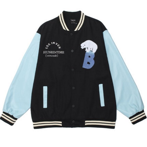 画像1: Polar bear & letter logo embroidery Baseball Jacket blouson  ユニセッ クス男女兼用シロクマ＆レターロゴ刺繍スタジャン ジャンパー  ジャケット ブルゾン (1)