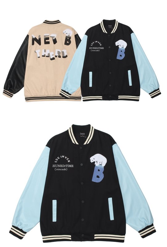 画像7: Polar bear & letter logo embroidery Baseball Jacket blouson  ユニセッ クス男女兼用シロクマ&レターロゴ刺繍スタジャン ジャンパー  ジャケット ブルゾン (7)