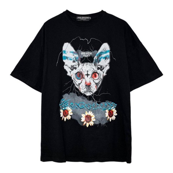 画像1: Cat print oversizedT-shirt unisex　男女兼用 ユニセックスオーバーサイズ キャット 猫イラストプリント半袖Tシャツ (1)