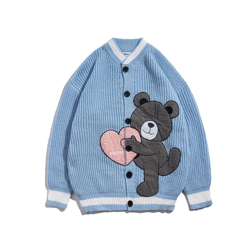 画像2: embroidery love bear V-neck cardigan sweater  unisex 男女兼用 ユニセックス ラブベアVネックカーディガン セーターセーター (2)