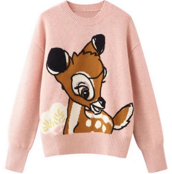 画像1: Women Fawn Bambi braided round neck sweater　小鹿のバンビ編み込み丸首ラウンドネックセーター　 (1)