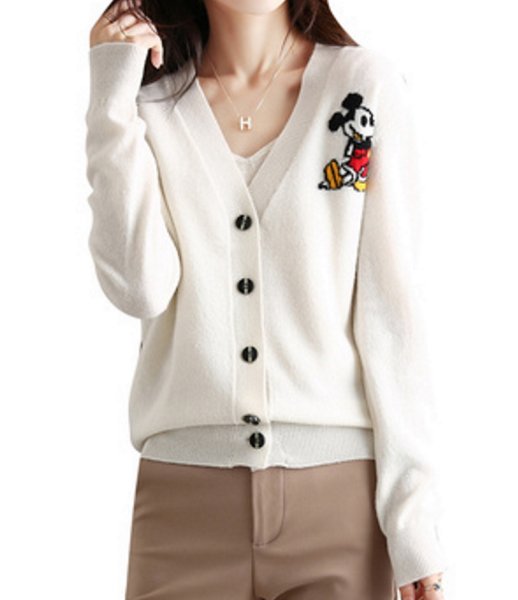 画像1: Women Mickey Mouse double-sided braided V-neck cardigan sweater　ミッキーマウスダブル編み込みVネックカーディガン セーター　 (1)