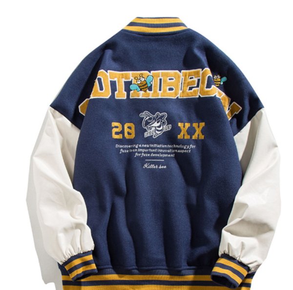 画像3: cloth PU stitching embroidery Baseball Jacket uniform jacket blouson ユニセックス 男女兼用 bee刺繍 スタジアムジャンパー スタジャン MA-1 ボンバー ジャケット ブルゾン (3)