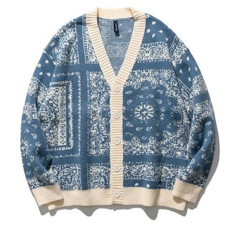 画像2: Unisex Paisley print V-neck cardigan sweater 男女兼用  ユニセックスペイズリー バンダナ柄 プリントVネックカーディガン セーター (2)