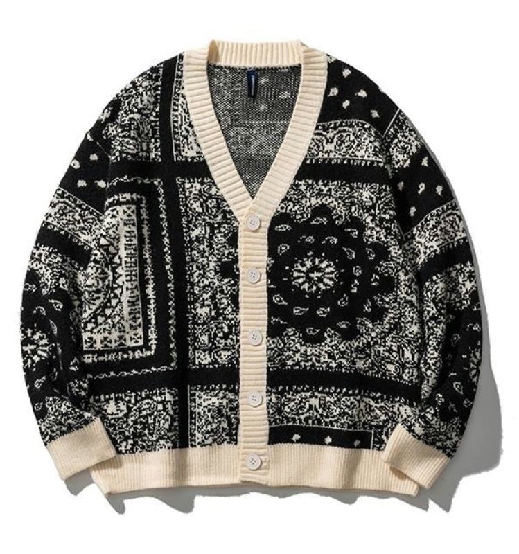画像6: Unisex Paisley print V-neck cardigan sweater 男女兼用  ユニセックスペイズリー バンダナ柄 プリントVネックカーディガン セーター (6)