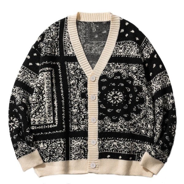 画像1: Unisex Paisley print V-neck cardigan sweater　男女兼用  ユニセックスペイズリー バンダナ柄 プリントVネックカーディガン セーター (1)