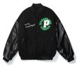 画像2: flocking printed leather sleeveBASEBALL JACKET baseball uniform jacket blouson ユニセックス 男女兼用 サークルP スタジアムジャンパー スタジャン MA-1 ボンバー ジャケット ブルゾン (2)