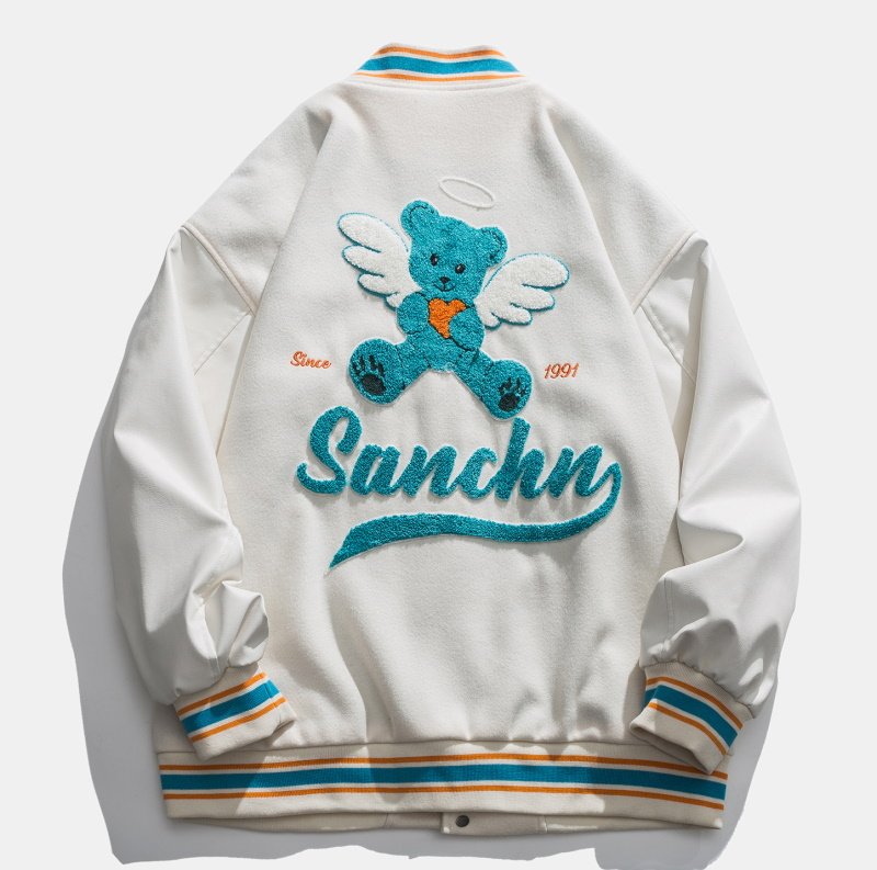 画像2: sanhemme Bear Angel embroidery BASEBALL JACKET baseball uniform jacket blouson ユニセックス 男女兼用 サムヘムベア 熊エンジェルエンブレム スタジアムジャンパー スタジャン MA-1 ボンバー ジャケット ブルゾン (2)