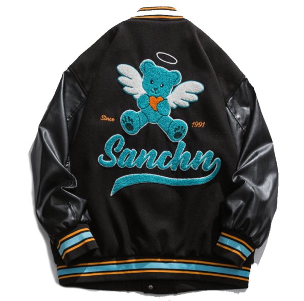 画像1: sanhemme Bear Angel embroidery BASEBALL JACKET baseball uniform jacket blouson ユニセックス 男女兼用 サムヘムベア 熊エンジェルエンブレム スタジアムジャンパー スタジャン MA-1 ボンバー ジャケット ブルゾン (1)