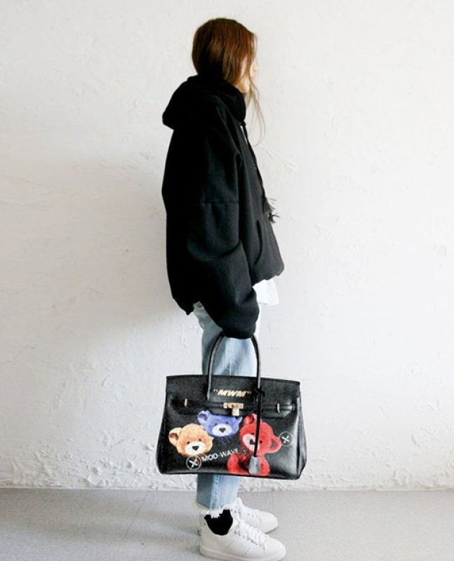 画像10: Bear Print Shoulder Messenger Bag Tote Shoulder Bag レザーベア熊プリントトート  ショルダー メッセンジャーバッグ   (10)