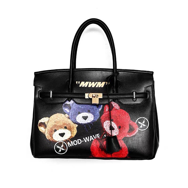 画像12: Bear Print Shoulder Messenger Bag Tote Shoulder Bag レザーベア熊プリントトート  ショルダー メッセンジャーバッグ   (12)