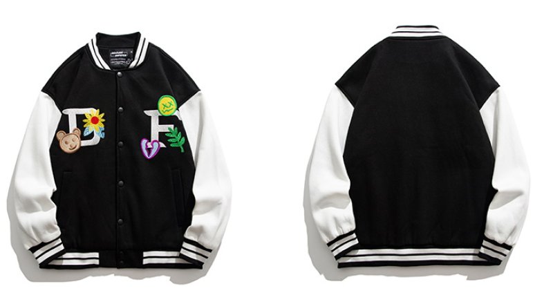 画像4: Bear & Daisy & Smile emblem BASEBALL JACKET baseball uniform jacket blouson  ユニセックス 男女兼用  小熊＆デイジー＆スマイルエンブレム ヒップホップ スタジアムジャンパー スタジャン MA-1 ボンバー ジャケット ブルゾン (4)