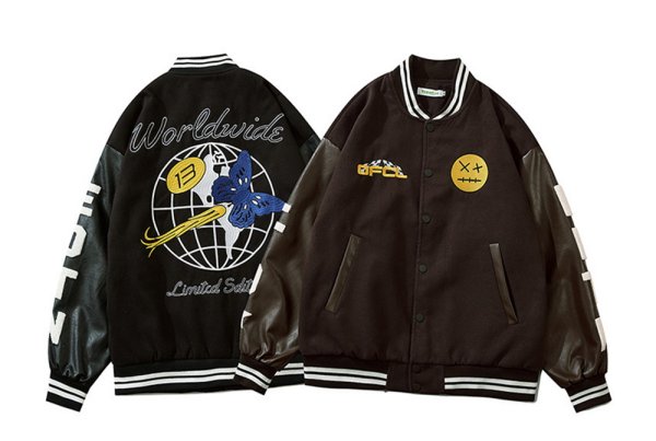 画像1: flocking earth butterfly embroidery BASEBALL JACKET baseball uniform jacket blouson  ユニセックス 男女兼用アース＆バタフライ蝶エンブレム ヒップホップ スタジアムジャンパー スタジャン MA-1 ボンバー ジャケット ブルゾン (1)