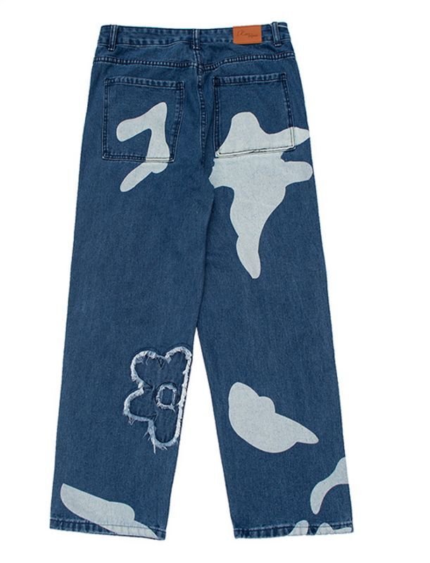 画像3: Unisex men's patch  embroidery flower washed jeans denim pants  ユニセックス男女兼用 パッチワーク フラワーデニム パンツ ジーンズ (3)