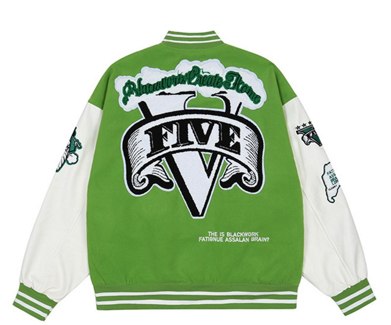 画像3:  vibe Five-V emblem BASEBALL JACKET baseball uniform jacket blouson  ユニセックス 男女兼用 アメリカンストリートバイブV エンブレム ヒップホップ スタジアムジャンパー スタジャン MA-1 ボンバー ジャケット ブルゾン (3)