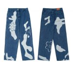 画像1: Unisex men's patch  embroidery flower washed jeans denim pants  ユニセックス男女兼用 パッチワーク フラワーデニム パンツ ジーンズ (1)