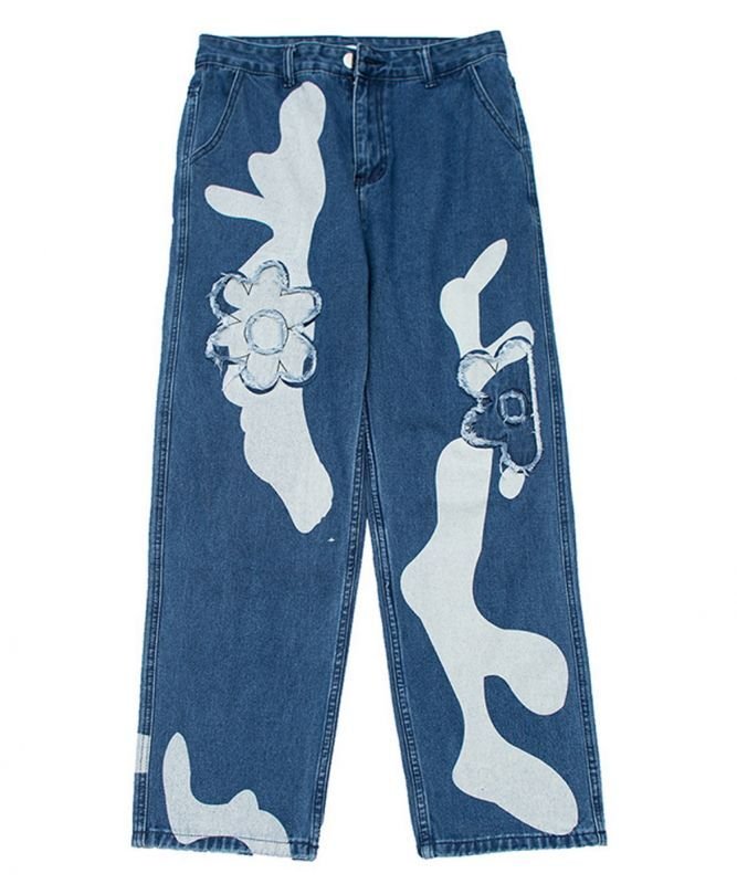 画像4: Unisex men's patch  embroidery flower washed jeans denim pants  ユニセックス男女兼用 パッチワーク フラワーデニム パンツ ジーンズ (4)