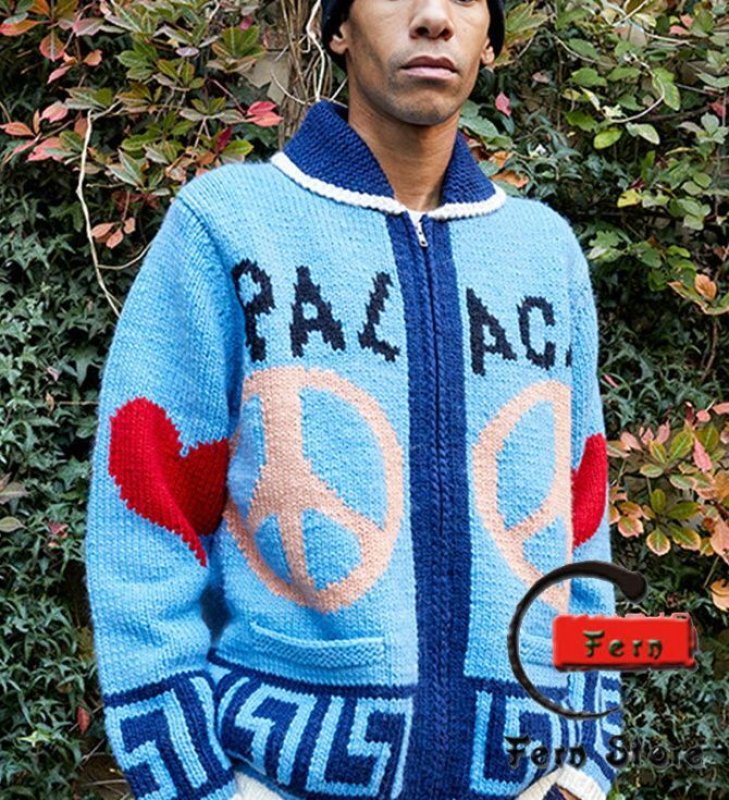 画像4: Unisex Peace Out Zip Up Knit sweater  Knit 男女兼用  ユニセックス ジップアップピース編み込み ニット セーター カーディガン  (4)