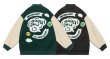 画像2: Smile emblem leather sleeve BASEBALL JACKET baseball uniform jacket blouson  ユニセックス 男女兼スマイルエンブレム レザースリーブ ヒップホップ スタジアムジャンパー スタジャン MA-1 ボンバー ジャケット ブルゾン (2)
