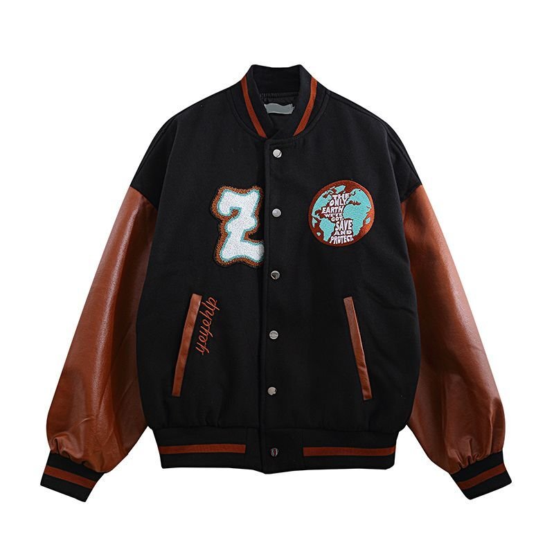 画像4: FACAI contrast stitching PU leather  BASEBALL JACKET baseball uniform jacket blouson  ユニセックス 男女兼 there is no planet 惑星 エンブレム レザースリーブ ヒップホップ スタジアムジャンパー スタジャン MA-1 ボンバー ジャケット ブルゾン (4)