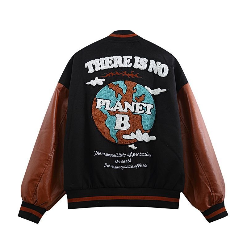 画像1: FACAI contrast stitching PU leather  BASEBALL JACKET baseball uniform jacket blouson  ユニセックス 男女兼 there is no planet 惑星 エンブレム レザースリーブ ヒップホップ スタジアムジャンパー スタジャン MA-1 ボンバー ジャケット ブルゾン (1)