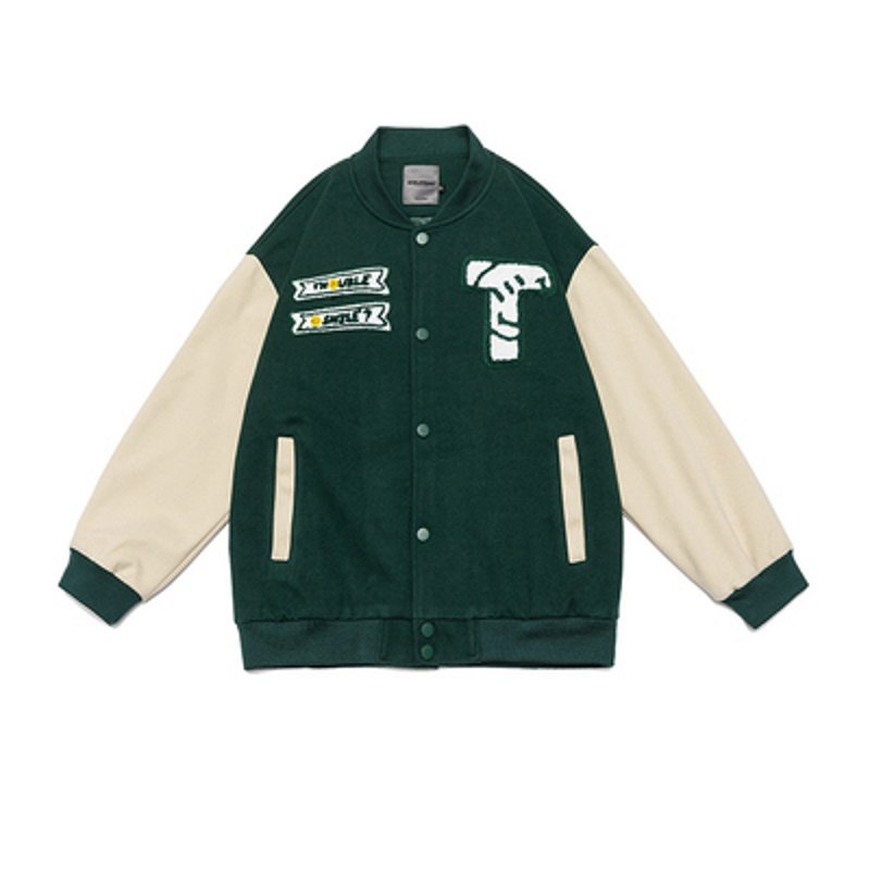 画像4: Smile emblem leather sleeve BASEBALL JACKET baseball uniform jacket blouson  ユニセックス 男女兼スマイルエンブレム レザースリーブ ヒップホップ スタジアムジャンパー スタジャン MA-1 ボンバー ジャケット ブルゾン (4)