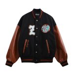 画像2: FACAI contrast stitching PU leather  BASEBALL JACKET baseball uniform jacket blouson  ユニセックス 男女兼 there is no planet 惑星 エンブレム レザースリーブ ヒップホップ スタジアムジャンパー スタジャン MA-1 ボンバー ジャケット ブルゾン (2)