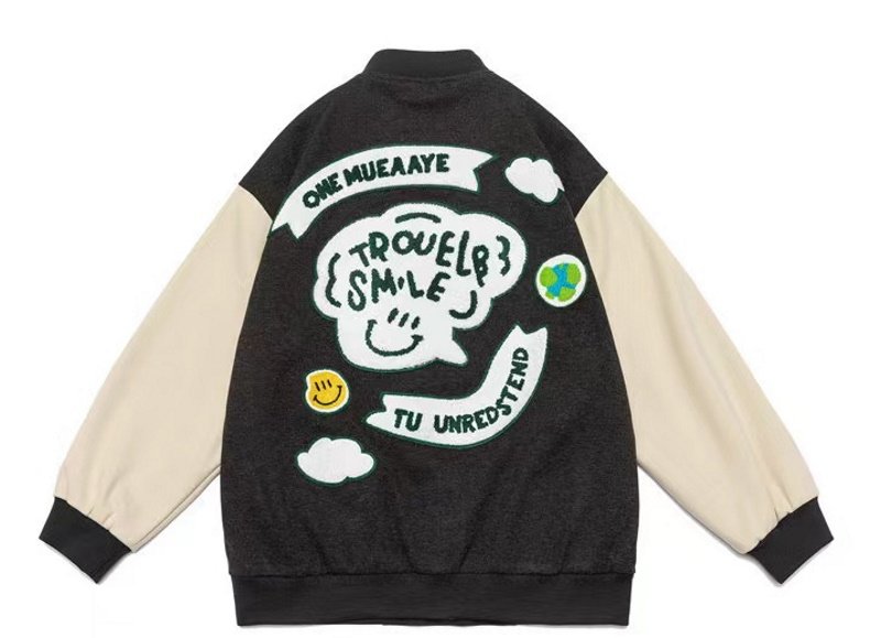 画像3: Smile emblem leather sleeve BASEBALL JACKET baseball uniform jacket blouson  ユニセックス 男女兼スマイルエンブレム レザースリーブ ヒップホップ スタジアムジャンパー スタジャン MA-1 ボンバー ジャケット ブルゾン (3)