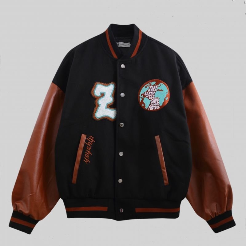 画像5: FACAI contrast stitching PU leather  BASEBALL JACKET baseball uniform jacket blouson  ユニセックス 男女兼 there is no planet 惑星 エンブレム レザースリーブ ヒップホップ スタジアムジャンパー スタジャン MA-1 ボンバー ジャケット ブルゾン (5)