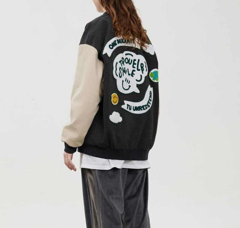 画像11: Smile emblem leather sleeve BASEBALL JACKET baseball uniform jacket blouson  ユニセックス 男女兼スマイルエンブレム レザースリーブ ヒップホップ スタジアムジャンパー スタジャン MA-1 ボンバー ジャケット ブルゾン (11)