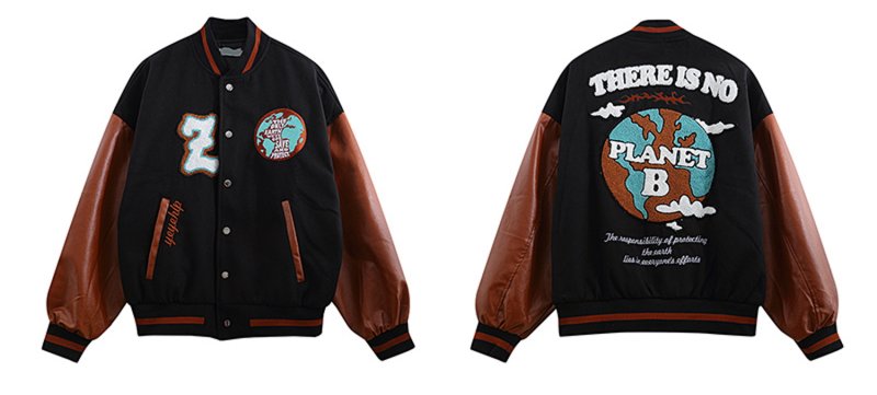 画像3: FACAI contrast stitching PU leather  BASEBALL JACKET baseball uniform jacket blouson  ユニセックス 男女兼 there is no planet 惑星 エンブレム レザースリーブ ヒップホップ スタジアムジャンパー スタジャン MA-1 ボンバー ジャケット ブルゾン (3)