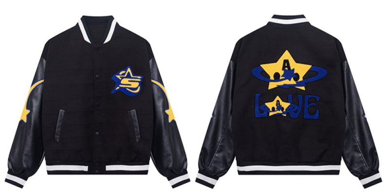 画像5: killer American star cartoon VIBE PU leather sleeve  BASEBALL JACKET baseball uniform jacket blouson  ユニセックス 男女兼 VIBEスター 星 エンブレム レザースリーブ ヒップホップ スタジアムジャンパー スタジャン MA-1 ボンバー ジャケット ブルゾン (5)