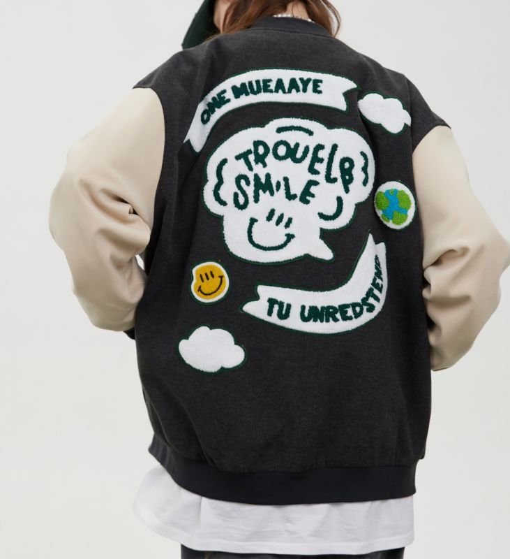 画像10: Smile emblem leather sleeve BASEBALL JACKET baseball uniform jacket blouson  ユニセックス 男女兼スマイルエンブレム レザースリーブ ヒップホップ スタジアムジャンパー スタジャン MA-1 ボンバー ジャケット ブルゾン (10)