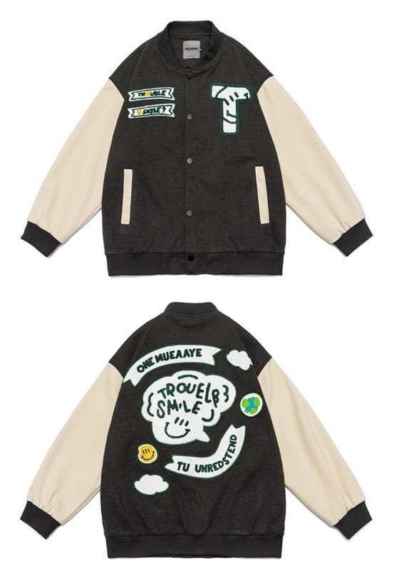 画像6: Smile emblem leather sleeve BASEBALL JACKET baseball uniform jacket blouson  ユニセックス 男女兼スマイルエンブレム レザースリーブ ヒップホップ スタジアムジャンパー スタジャン MA-1 ボンバー ジャケット ブルゾン (6)