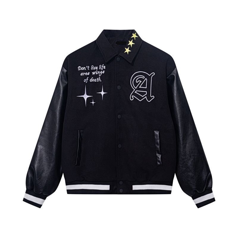 画像6: areawings Letter logo A PU leather sleeve  BASEBALL JACKET baseball uniform jacket blouson  ユニセックス 男女兼 エリアウィング エンブレム レザースリーブ ヒップホップ スタジアムジャンパー スタジャン MA-1 ボンバー ジャケット ブルゾン (6)
