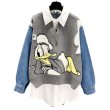 画像1: Women Donald Duck Denim Shirt Vest Layered Sweater ドナルドダック ベスト重ね着風 長袖シャツ付き セーター プルオーバー (1)